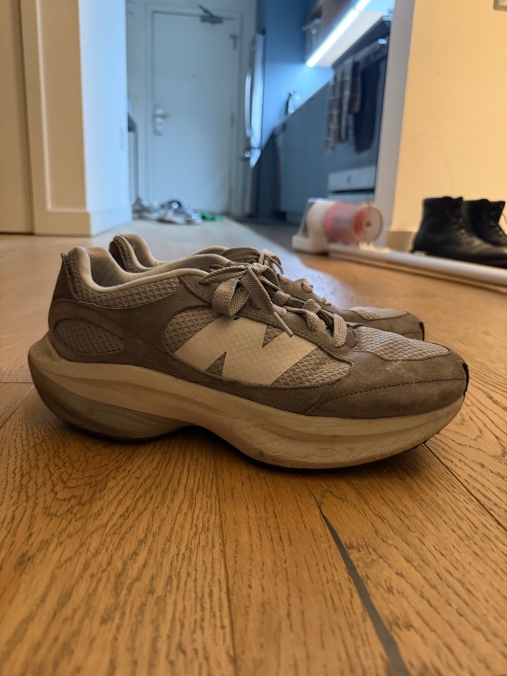 New Balance Beige and White Thick-Sole Running Sneakers